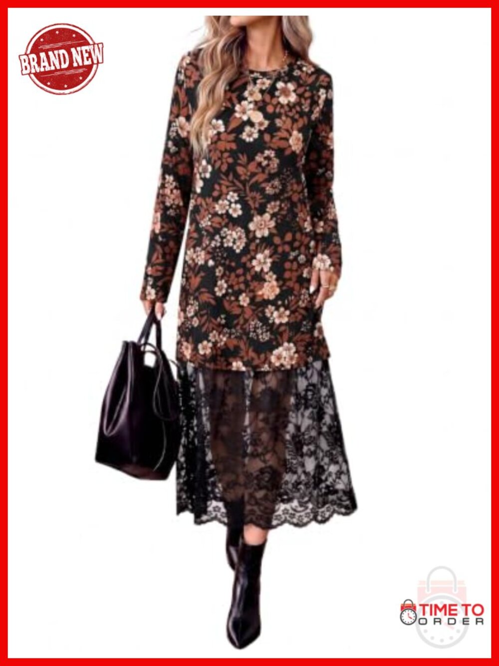 WIHOLL Women's Long Sleeve Midi Dress Lace Patchwork Fall Wedding Guest